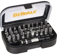 Logo DeWalt. Sada bitů s různými šroubovacími bity v úložném boxu.