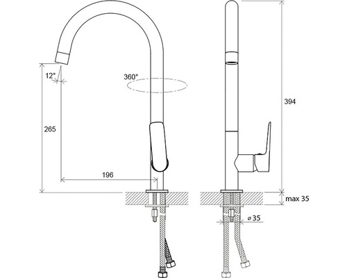 Výkres kuchyňské baterie s rozměry