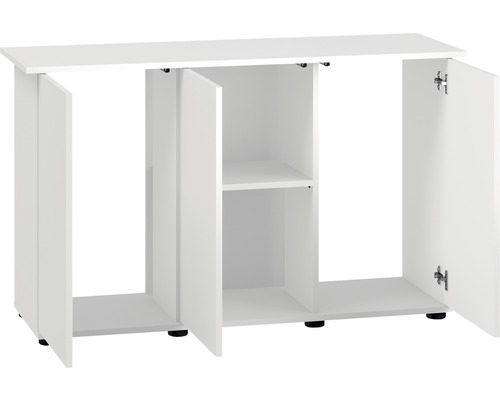 Bílá skříňka na akvárium s otevřenými dvířky