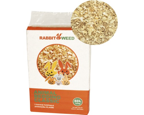 Podestýlka pro hlodavce Rabbit Weed hoblinová lisovaná 60 l Balení hoblinové podestýlky pro zvířata o objemu 60 litrů