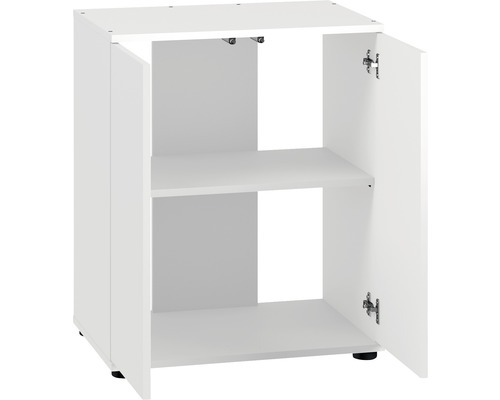 Bílá spodní skříňka se dvěma otevřenými dvířky a jednou policí