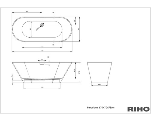 Technický nákres vany s rozměry