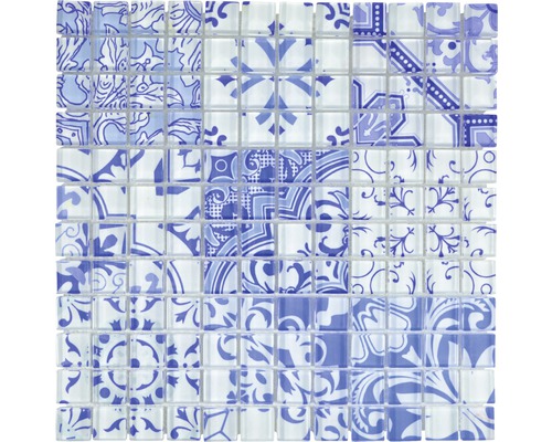 Skleněná mozaika XCM8OP33 Crystal Design modrá/bílá 30x30 cm Mozaiková rohož s modrobílými vzory