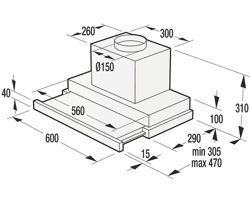Technický výkres odsavače par s rozměry