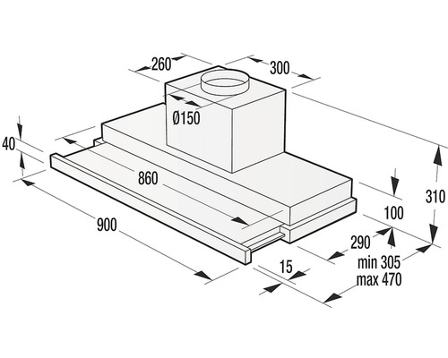 Technický nákres odsavače par s rozměry