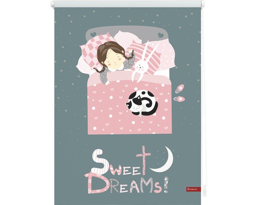 Roleta s potiskem spící dívky, králíka a kočky v posteli.