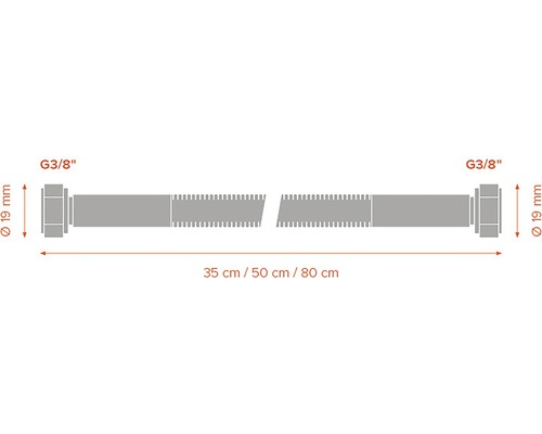 Obrázek šroubu o rozměrech G3/8 palce, průměru 19 mm a délce 35 cm, 50 cm nebo 80 cm.