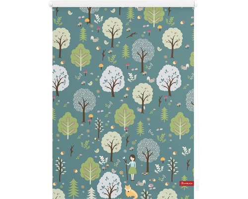 Roleta s motivem lesa, včetně stromů, zvířat a lesní víly