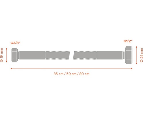 Obrázek flexibilního připojení o rozměrech G3/8 palce a G1/2 palce a délce 35 centimetrů, 50 centimetrů nebo 80 centimetrů