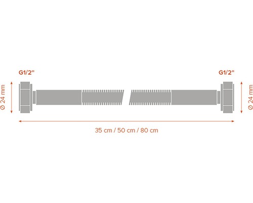 Obrázek prodloužení sifonu s připojením G1/2 palce a průměrem 24 milimetrů v délkách 35 centimetrů, 50 centimetrů a 80 centimetrů