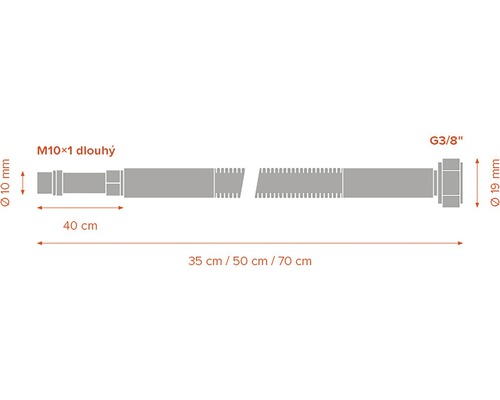 Technický výkres dlouhého šroubu M10x1 s připojením G3/8 palce a délkami 35 centimetrů, 50 centimetrů a 70 centimetrů