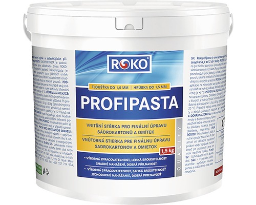Finální tmel ROKO Profipasta na sádrokarton 1,5 kg Kbelík Roko Profipasta vnitřní stěrka pro finální úpravu sádrokartonů a omítek 1,5 kg