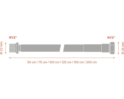 Obrázek pancéřové hadice s připojením R1/2 palce a G1/2 palce a délkami 50 centimetrů, 75 centimetrů, 100 centimetrů, 125 centimetrů, 150 centimetrů a 200 centimetrů.