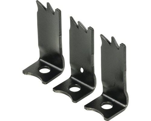 Tři kovové úhelníky se zuby a upevňovacími otvory