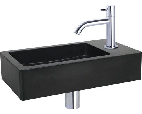 Černé umyvadlo na desku s baterií do koupelny