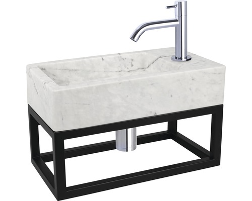 Umyvadlo s mramorovým umyvadlem a černým kovovým rámem