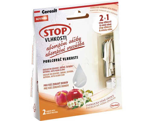 Ceresit Stop vlhkosti energicky ovocné sáčky 2x50 g Ceresit Stop Vlhokosti absorpční sáčky do zásuvky, skříně, botníku, auta nebo člunu