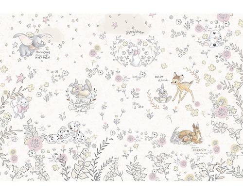 Tapeta s motivy Disney, jako jsou Dumbo, Bambi, Marie a dalmatini mezi květinami a listy