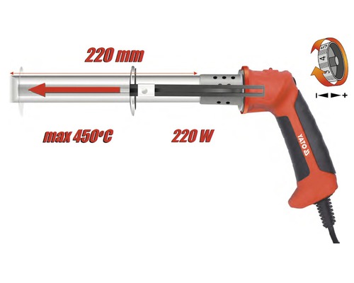 Horkovzdušná pistole Yato s 220milimetrovou tryskou a nastavitelnou teplotou až do maximálně 450 stupňů Celsia