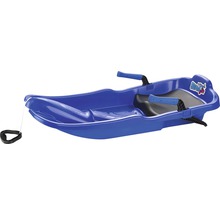 Modré plastové saně s řídicími rukojeťmi a tažným lanem