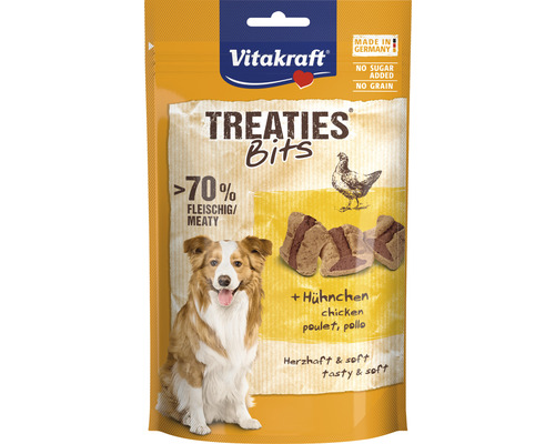 Pamlsky pro psy Vitakraft Treaties Bits kuřecí se slaninou 120 g Vitakraft Treaties Bits pochoutka pro psy s kuřecím masem, bez přidaného cukru a obilí