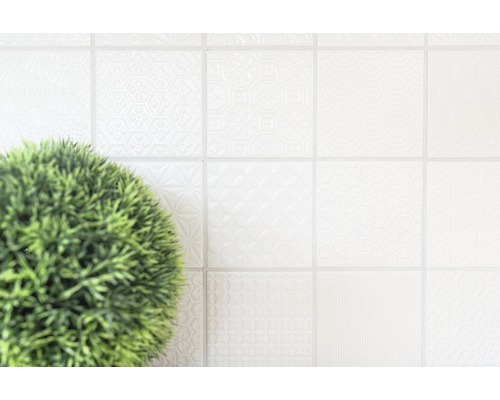 Světlé dlaždice se vzorem a hrnková rostlina