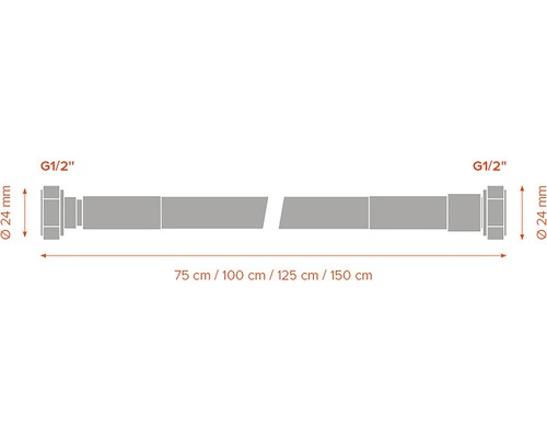 Trubkový konektor se závitem G1/2 palce a průměrem 24 mm, délka 75 cm, 100 cm, 125 cm nebo 150 cm