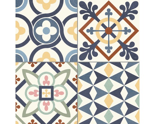 Dlaždice s různými geometrickými a květinovými vzory