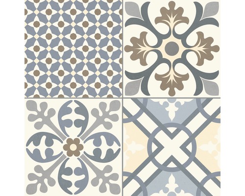 Dlaždice s různými květinovými a geometrickými vzory