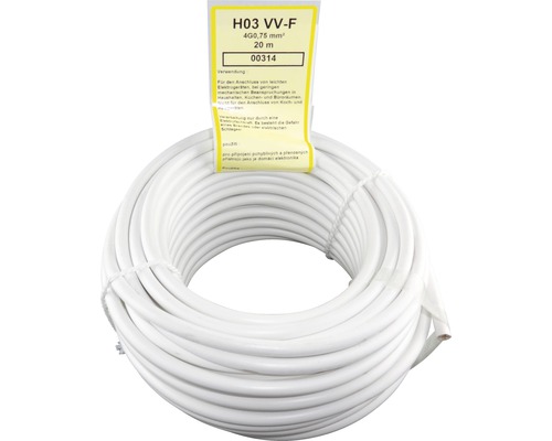 Bílý kabel H03 VV-F se 4 žílami a průřezem 0,75 mm², délka 20 metrů