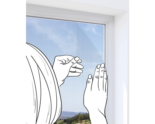 Ilustrace: Osoba instaluje síť proti hmyzu na okno.