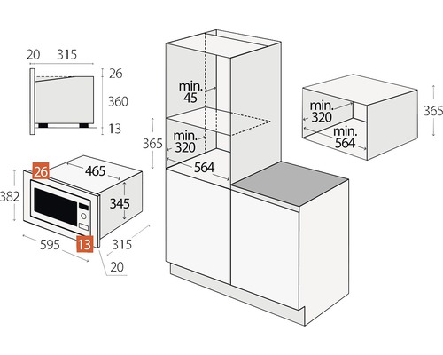 Nákres vestavěné kuchyně s mikrovlnnou troubou a skříňkami s rozměry