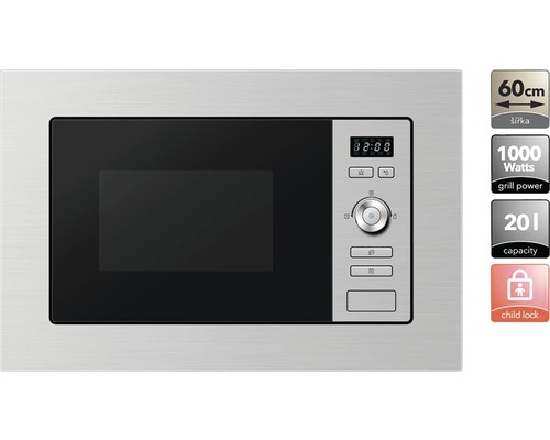 Vestavná mikrovlnná trouba o šířce 60 centimetrů, výkon grilu 1000 W a objem 20 litrů včetně dětské pojistky.