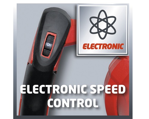 Detailní záběr vrtačky s elektronickou regulací otáček a příslušným symbolem