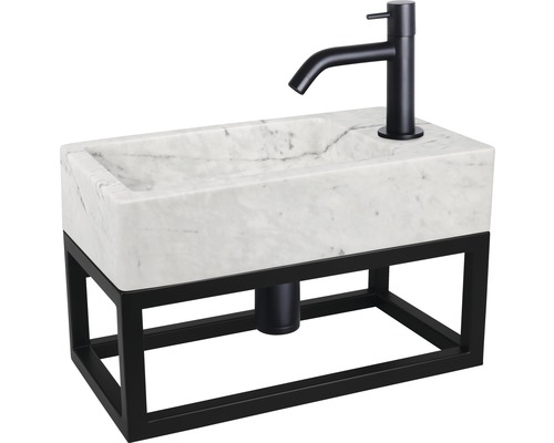 Umyvadlo s mramorovou umyvadlovou mísou a kovovým rámem