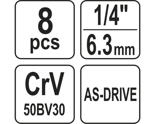 Informace o sadě šroubovacích bitů: 8 kusů, 1/4 palce, 6,3 mm, chrom-vanadiová ocel, AS-Drive