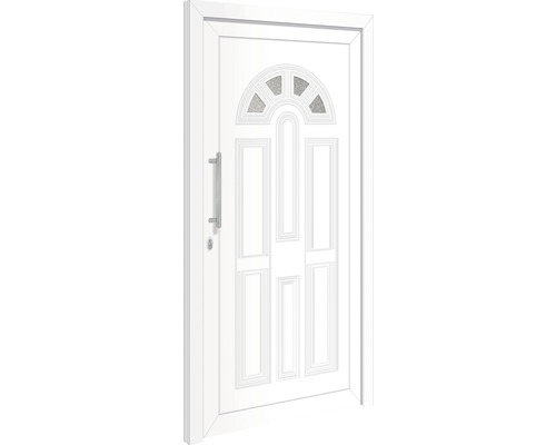 Bílé vchodové dveře se skleněnou vložkou a klikou