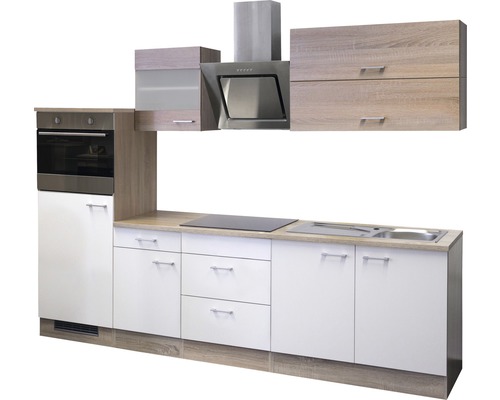 Kuchyňská linka s dřezem, varnou deskou, troubou, digestoří a horními skříňkami