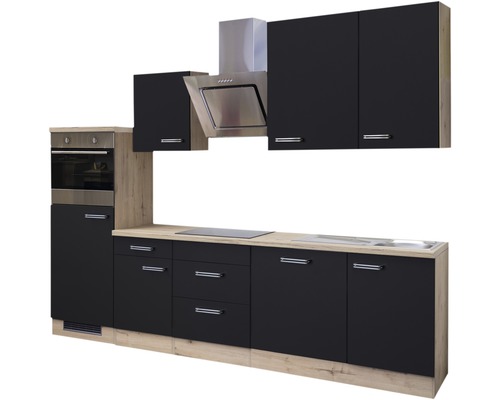 Moderní kuchyně s elektrickými spotřebiči, digestoří a černými čely