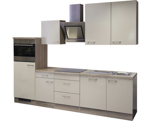 Kompletní kuchyňská linka se závěsnými skříňkami, digestoří, dřezem, varnou deskou a vestavnou troubou