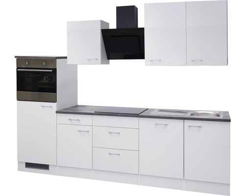 Kuchyňská linka se skříňkami, dřezem, sporákem, troubou a digestoří