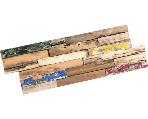Dřevěné obložení z recyklovaného starého dřeva s barevnými akcenty