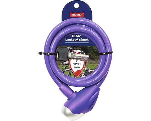 Fialový lanový zámek s klíčem, délka 1200 mm pro bezpečné zamykání jízdních kol.