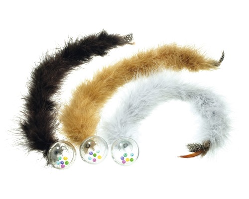 Hračka pro kočku chrasticí míč s péřovým ocasem 45 cm, mix barev