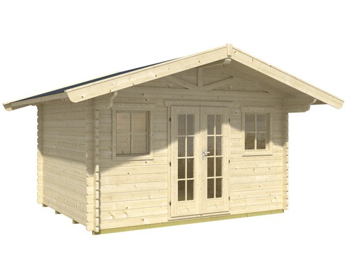 Dřevěný zahradní domek s dvoukřídlými dveřmi a okny