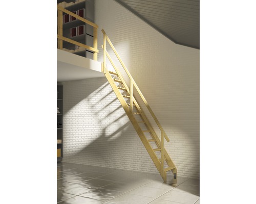 Dřevěné schodiště ve světlé místnosti s regály