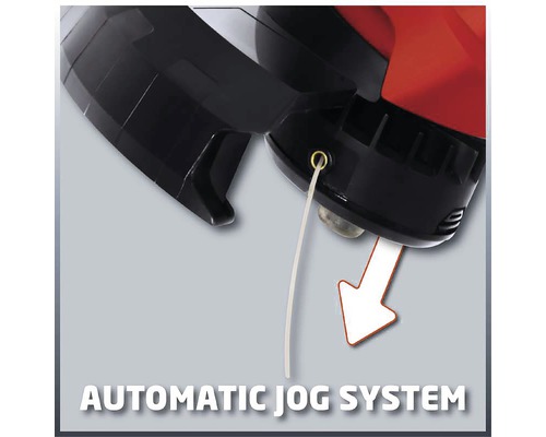 Detailní záběr automatického posuvného systému strunové sekačky.