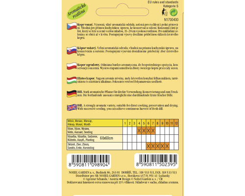 Balení semen kopru s informacemi o pěstování a sklizni