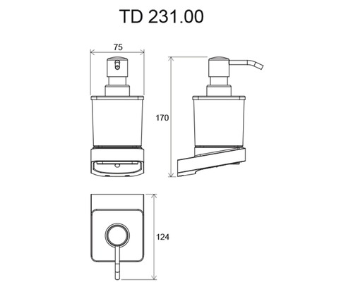 Technický výkres dávkovače mýdla s rozměry