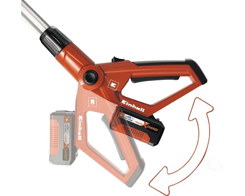 Logo Einhell. Znázornění otočné baterie na zahradním nářadí.